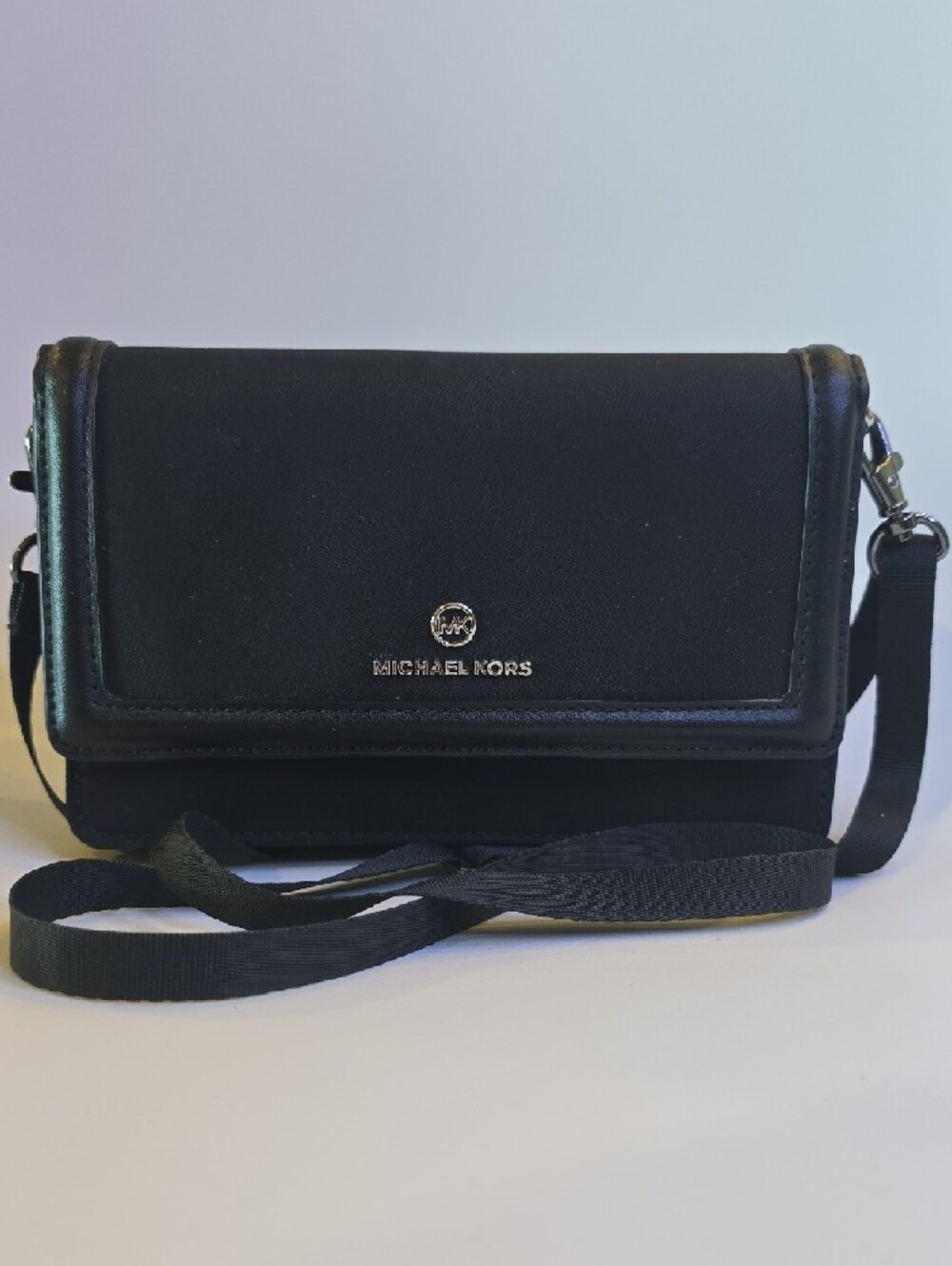 Michael Kors Black Leather Crossbody Bag with Silver Hardware